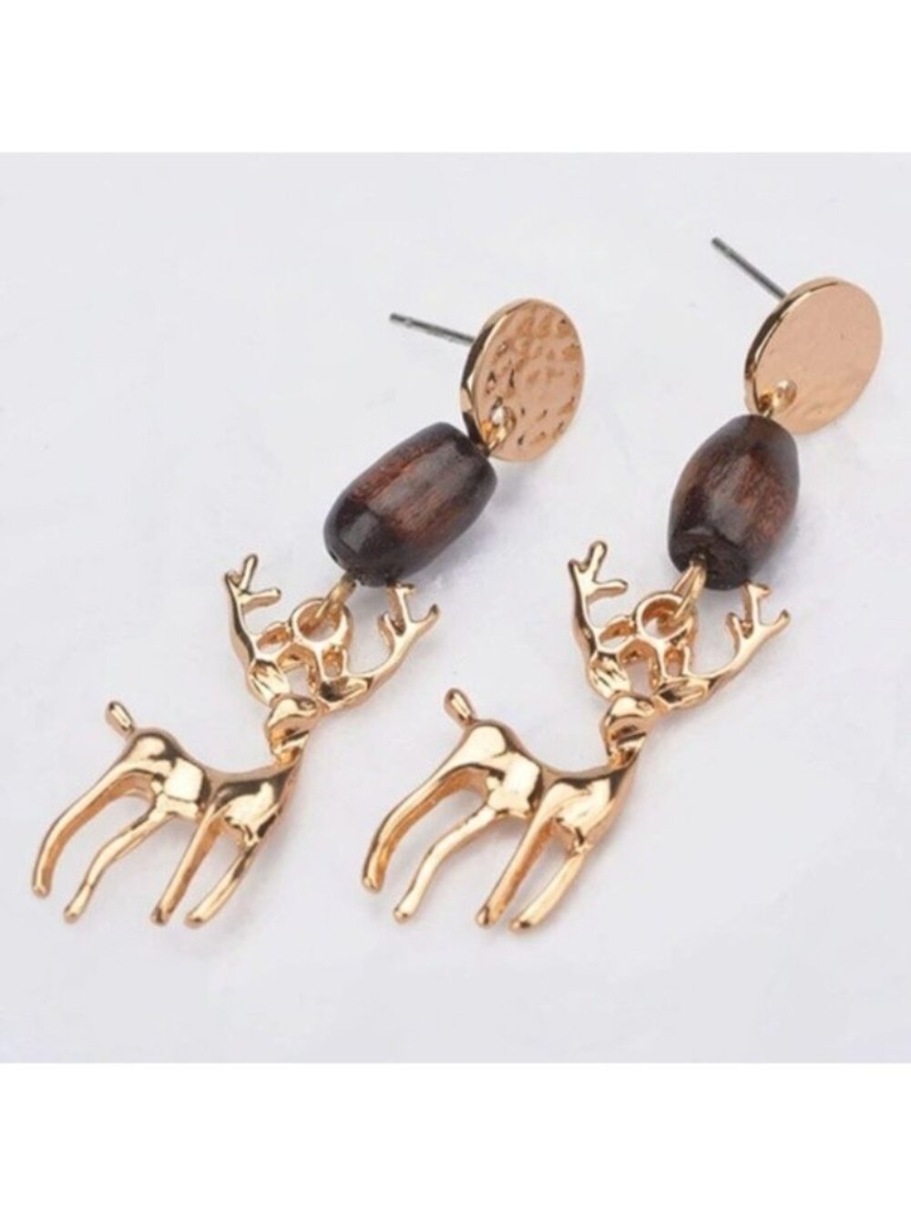 Wooden Christmas Reindeer Gold Drop Earrings Xmas Holidays Winter